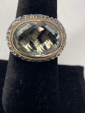 Sterling Silver Oval Pale Gold Color Quartz Ring with 14K Gold Accent Size 7.5